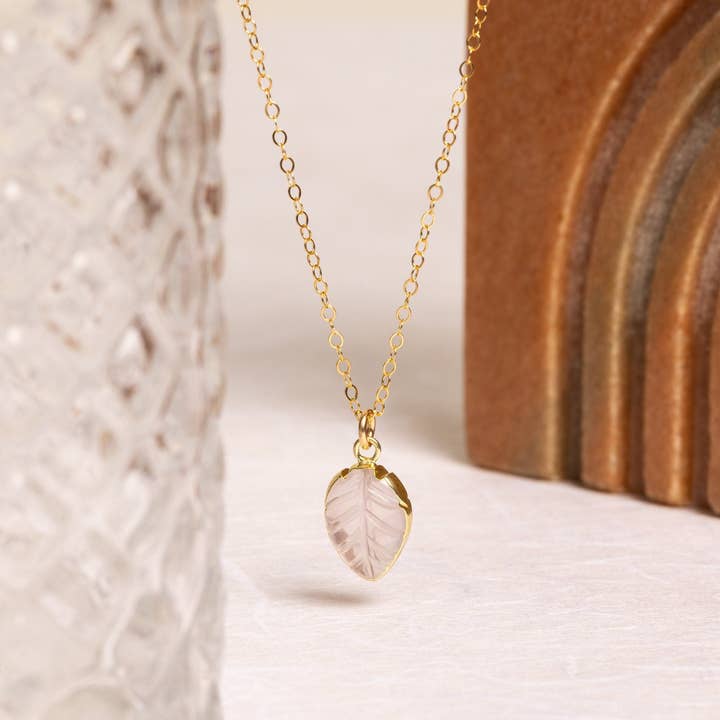 Rose Quartz Leaf Shape Gemstone Gold Necklace for wholesale by Soul & Little Rose