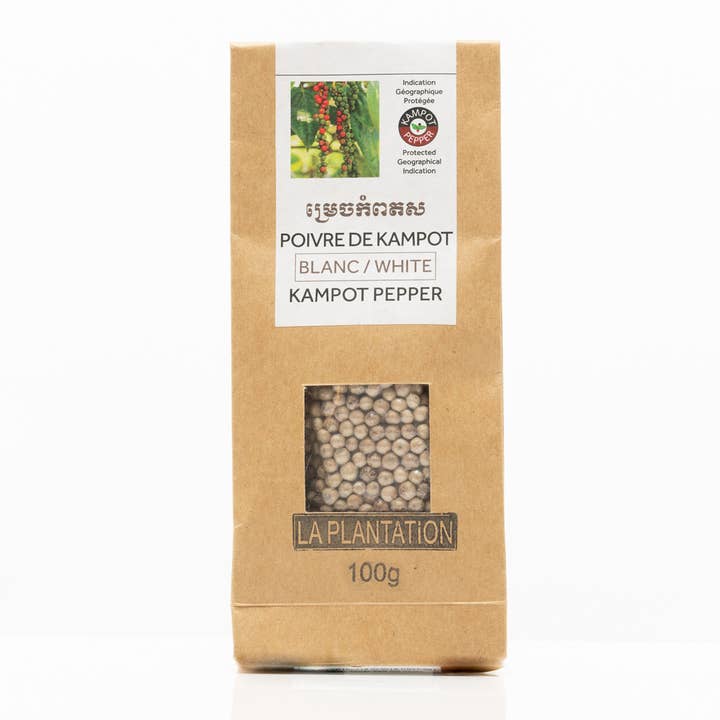 White Kampot Pepper 100g Kraft Bag for wholesale by La Plantation Fair Spices