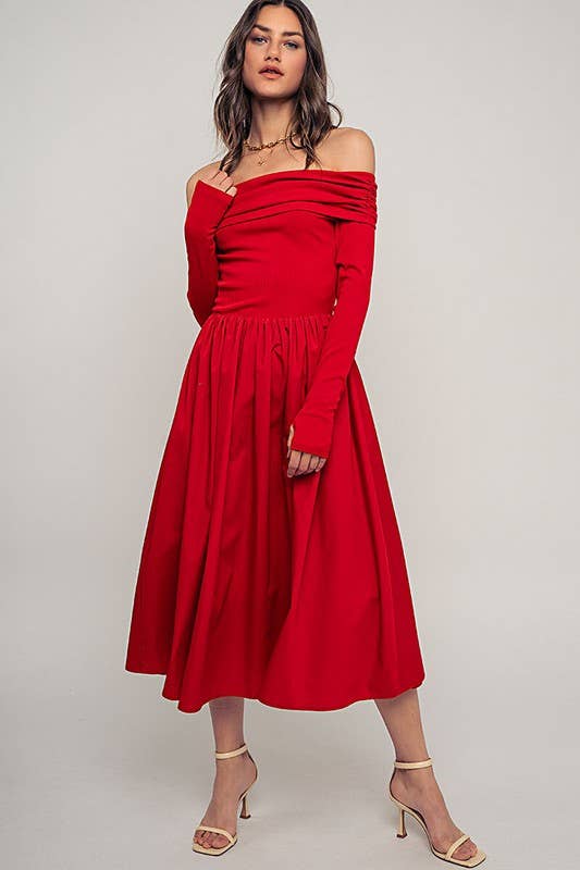 Urban Daizy - Wholesale Dress - Women's - Elegant Off Shoulder Ruched Long Sleeve Spring Midi Dress8