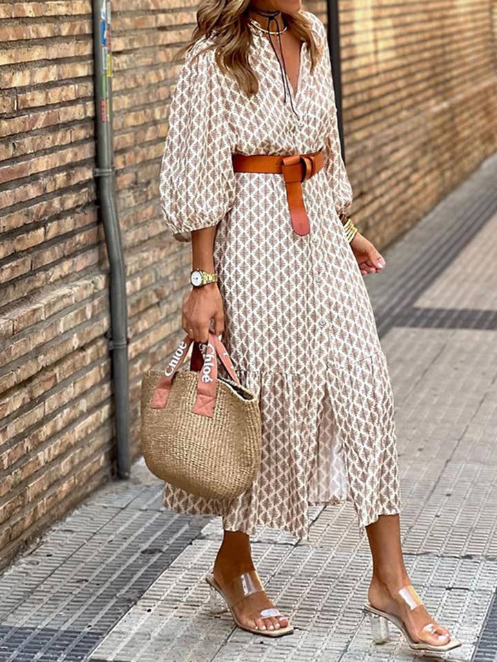 Brown Printed V-neck Dress for wholesale on Faire