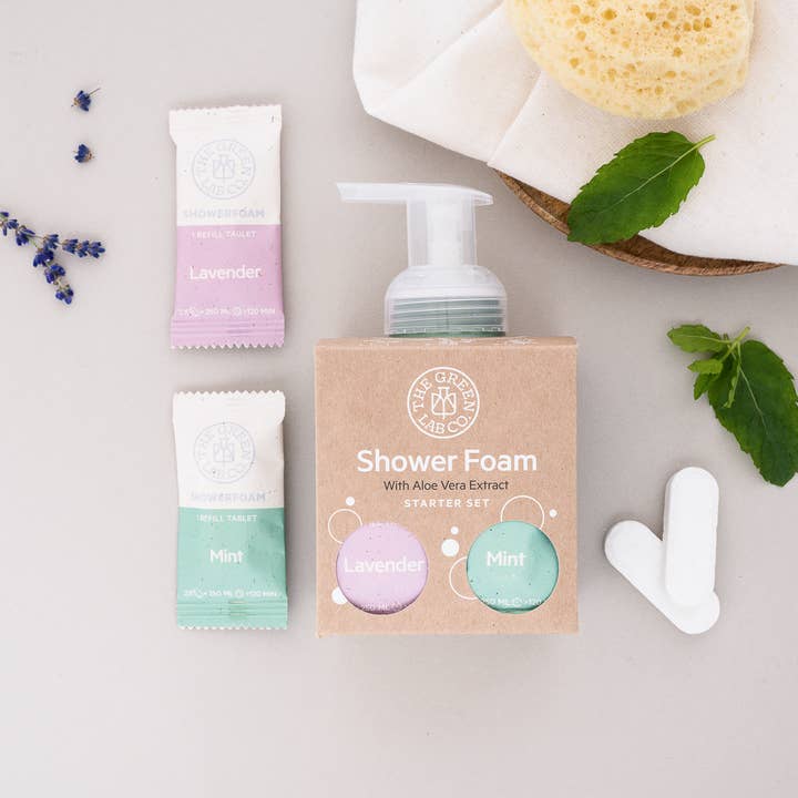 Basic Starter Set Shower Foam Tablets Mint and Lavender for wholesale by The Green Lab Co.