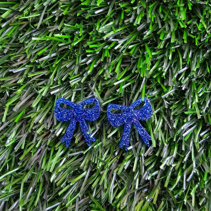 Spiffy & Splendid - Wholesale Stud/Post Earrings - Bow Studs - Blue Glitter // Game Day Earrings