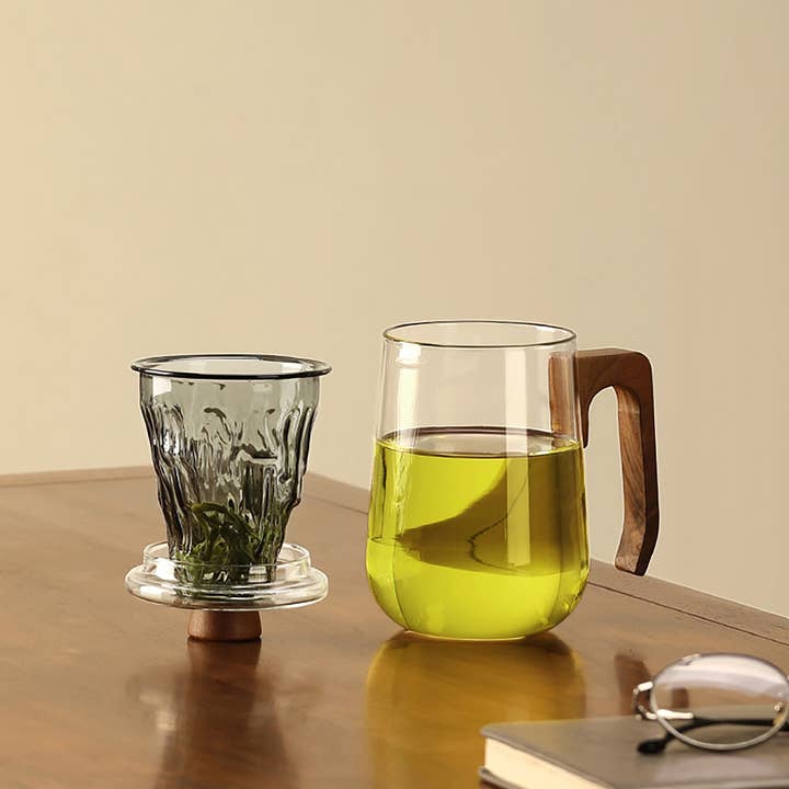 MinoCraft - Wholesale Tea pot - Glass infuser mug with walnut wood handle4