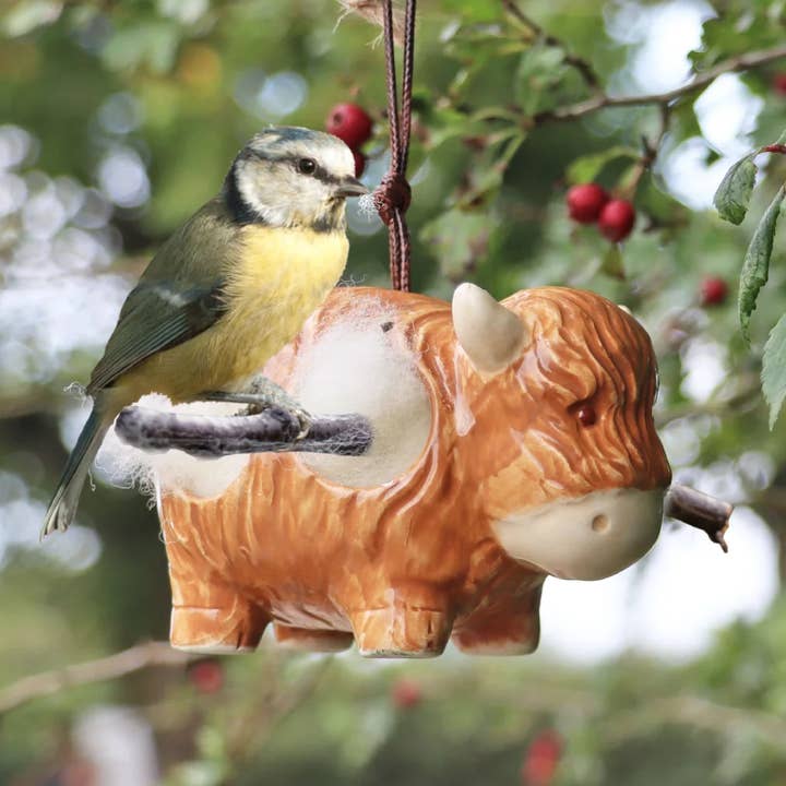 'Hairie' Hanging Ceramic Highland Cow With Nesting Wool for wholesale by Wildlife World