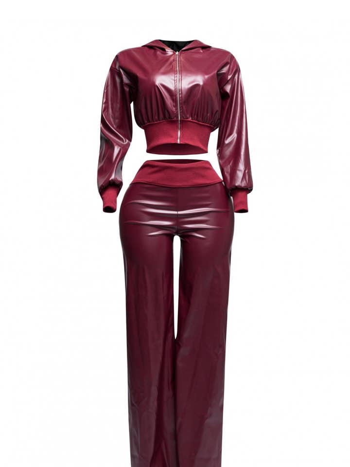 Boswell - Wholesale Top & Pant Set (NOT Loungewear) - Women's - PU HOODIE JACKET AND WIDE LEG PANTS SET
