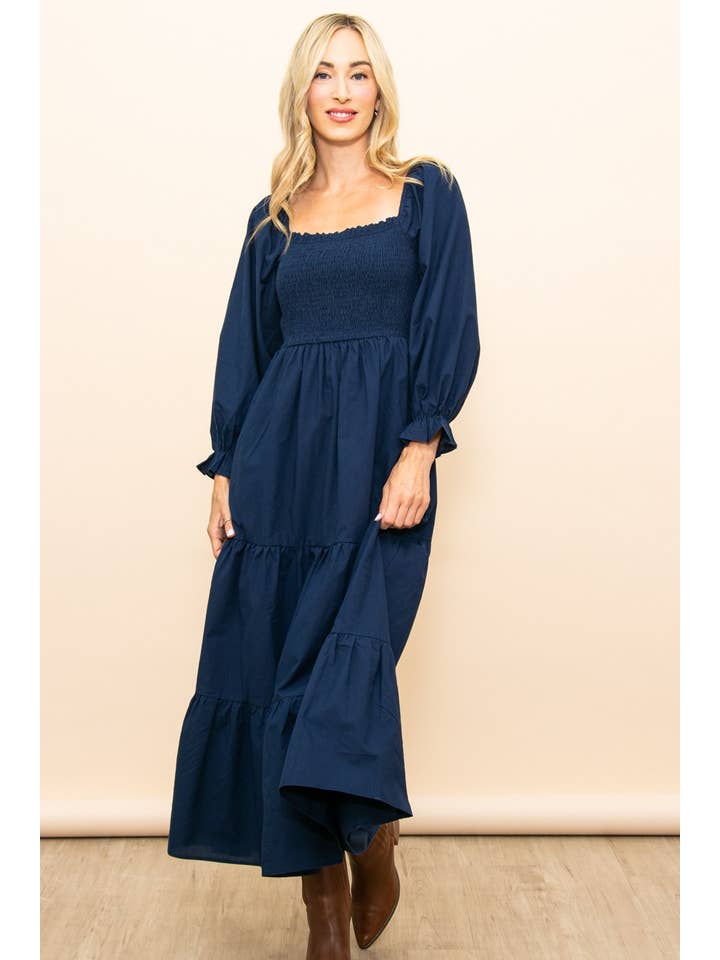Elloh Collection - Wholesale Dress - Women's - Long Sleeve Smocked Chest Flattering Maxi Dress