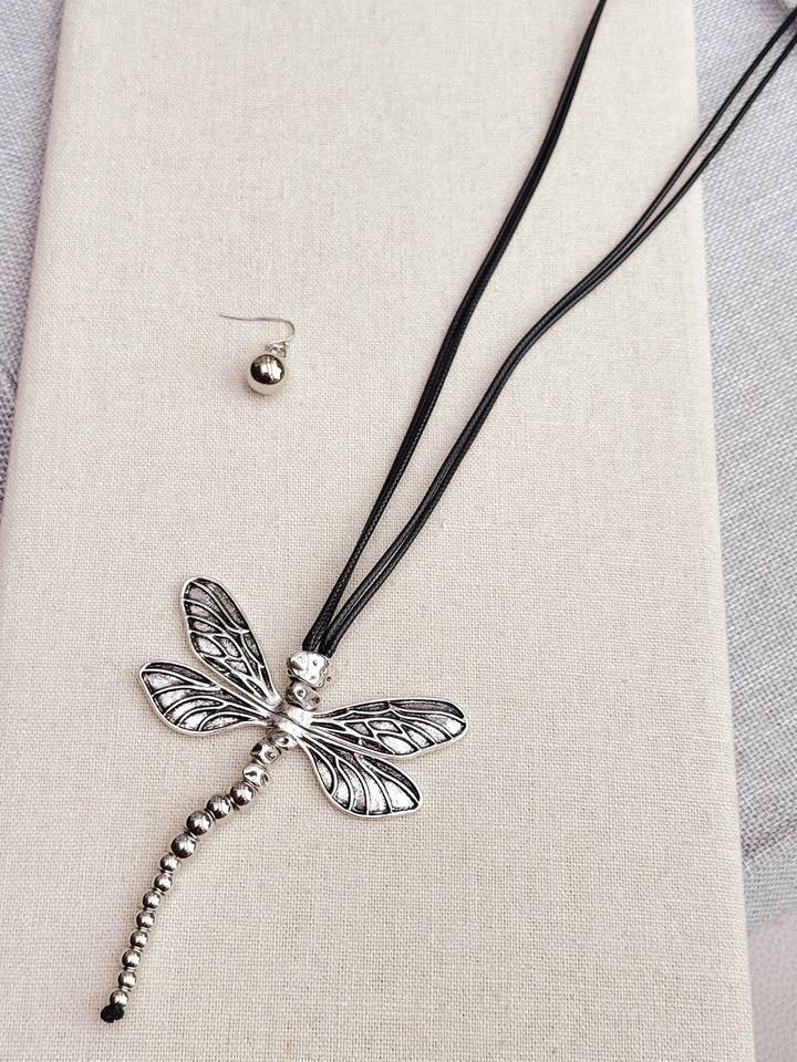 Silver Dragonfly Pendant Necklace Set for wholesale by Juniper Wish