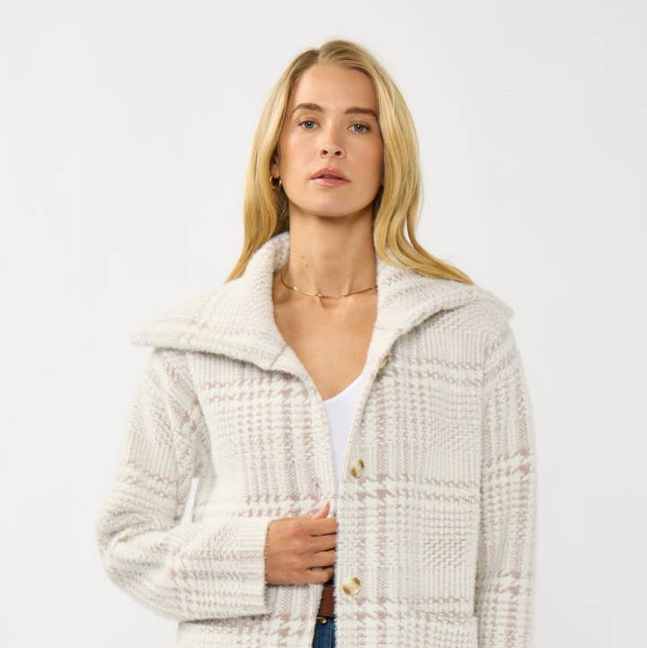 CREAM TAUPE Plaid Button-Up Sweater Jacket for wholesale on Faire0