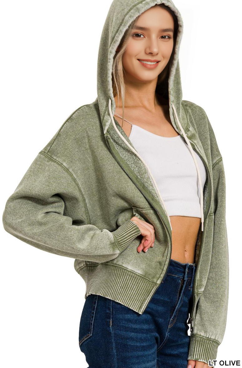 42POPS - Wholesale Hoodie - Women's - .._ SI-25313 Acid Wash Fleece Cropped Zip Up Hoodie24
