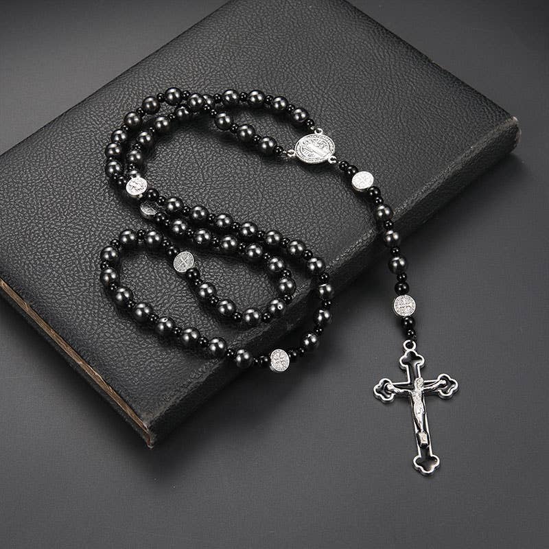 Gemcohub - Wholesale Prayer Beads Necklace - Volcanic Black Gallstone Cross Rosary Necklace2
