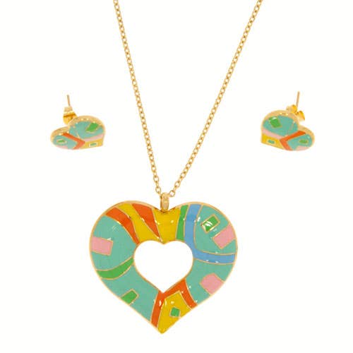 Set: necklace and earrings, enamelled stainless steel, multi-coloured gold for wholesale by EHAWA