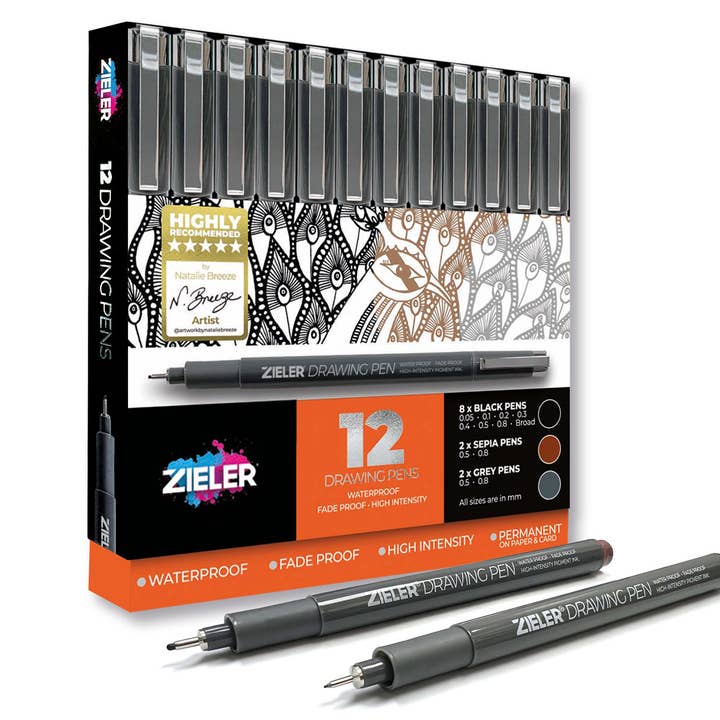 12 Stylos Fineliner pour dessin | Noir, Sépia et Gris pour la vente par Zieler