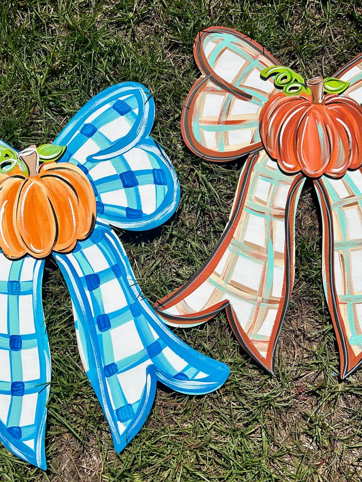 Large bow with 3D pumpkin, door hanger, 21” for wholesale by Sunflower Soul Art