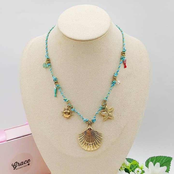 Daemon srls - Wholesale Pendant/Charm Necklace - SHELL COLLANA - ACCIAIO inossidabile - Collana intrecciata con conchiglia e pietre dure