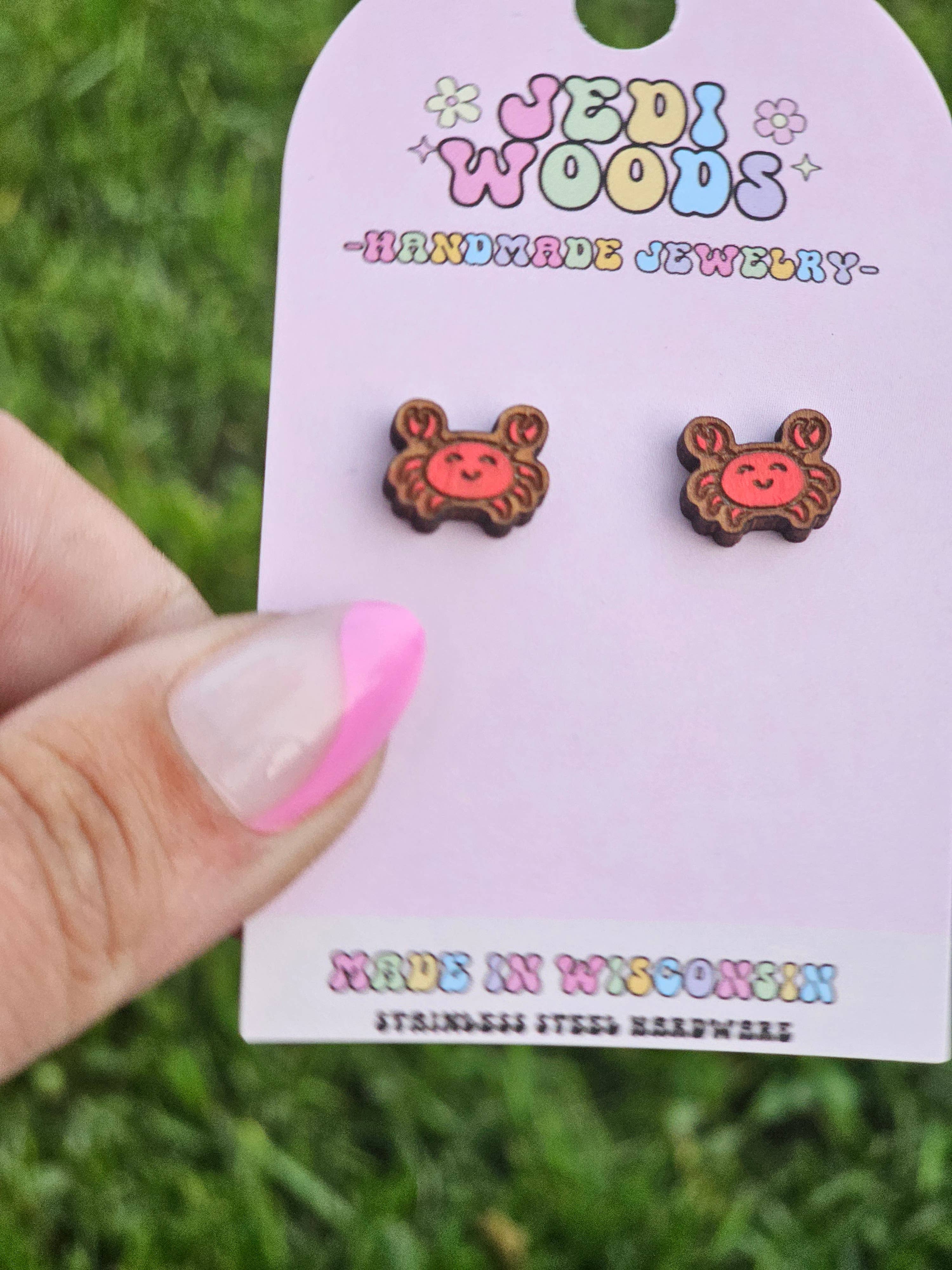 Jedi Woods LLC - Wholesale Stud/Post Earrings - Hand painted Red Crab Stud Earrings, Aquatic animal Earrings1