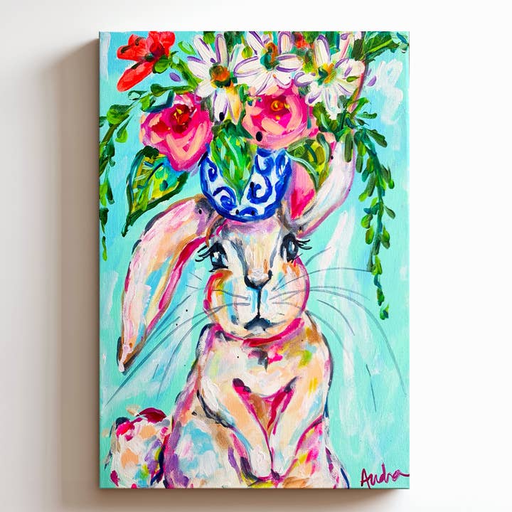 Bunny Canvas Print - Floral Rabbit Art Painting Easter Decor for wholesale by Audra Style