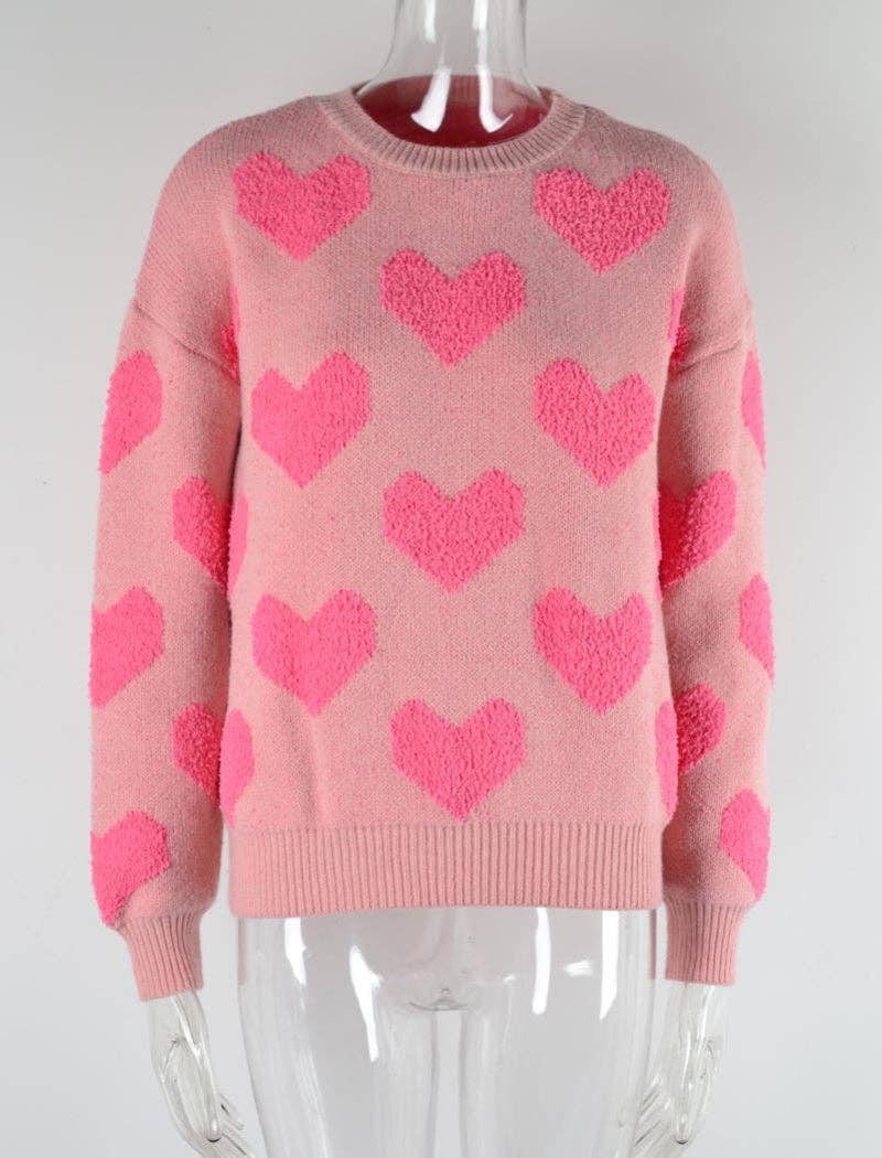 PINK Heart Pattern Crew Neck Sweater Valentine's Day for wholesale on Faire0