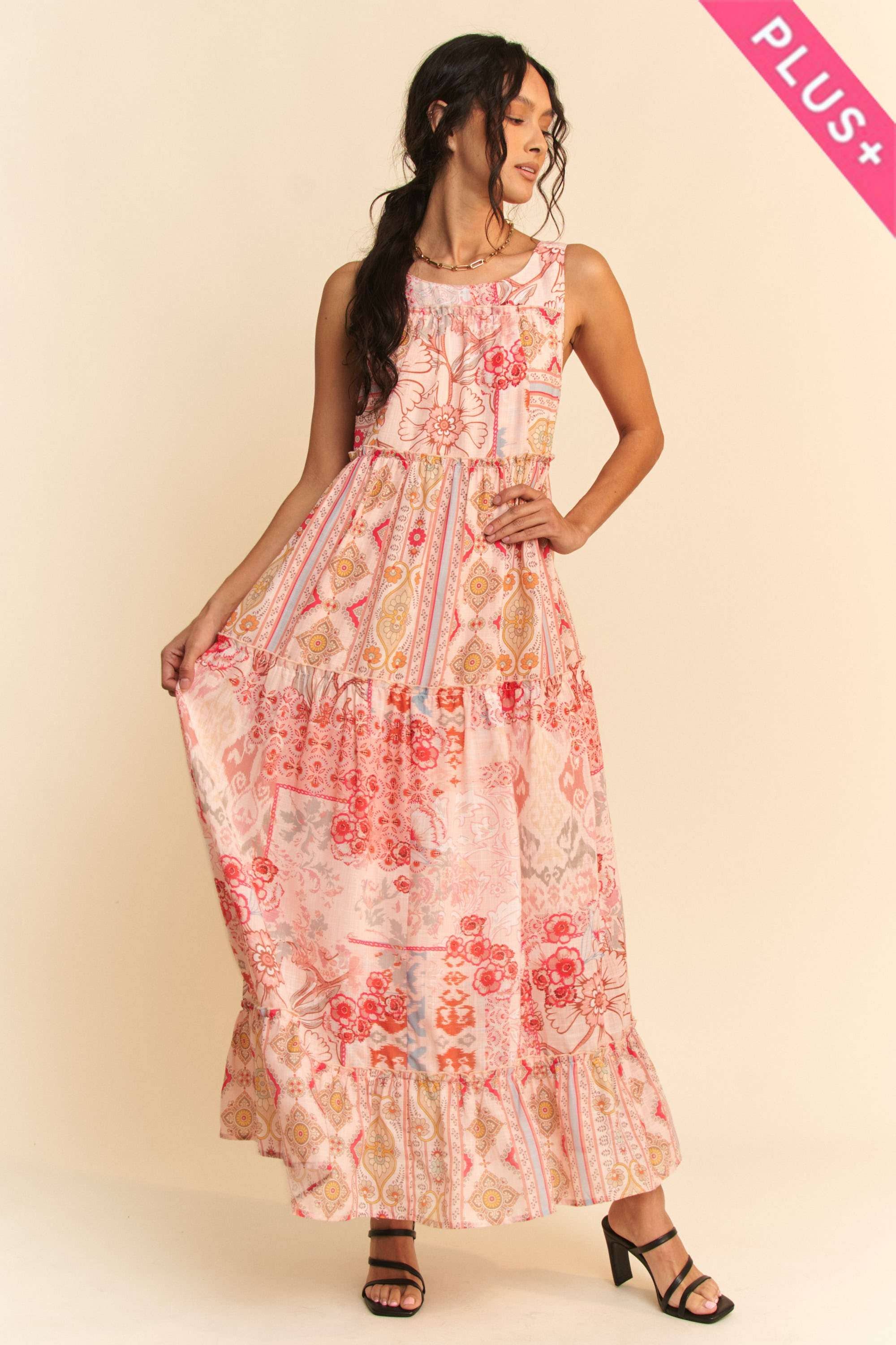 Coral Multi PLUS GEO FLORAL MIX SLEEVELESS TIRERED MAXI DRESS for wholesale on Faire1