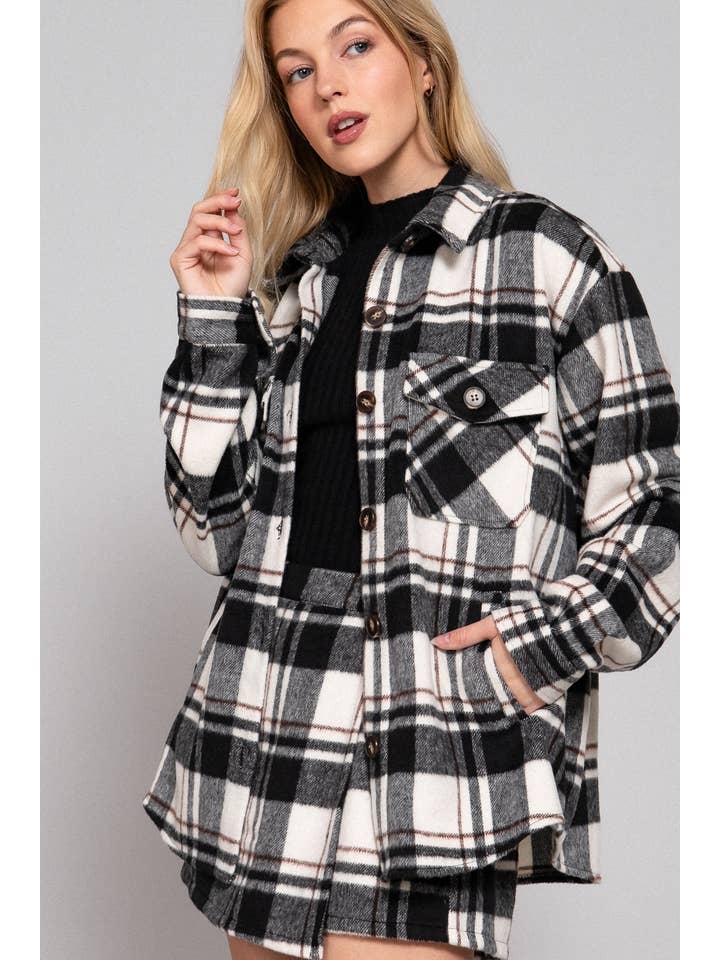 Active Basic | Active USA - Wholesale Shirt Jacket/Shacket - Women's - Long Sleeve Wool Blend Plaid Button Down Casual Jacket