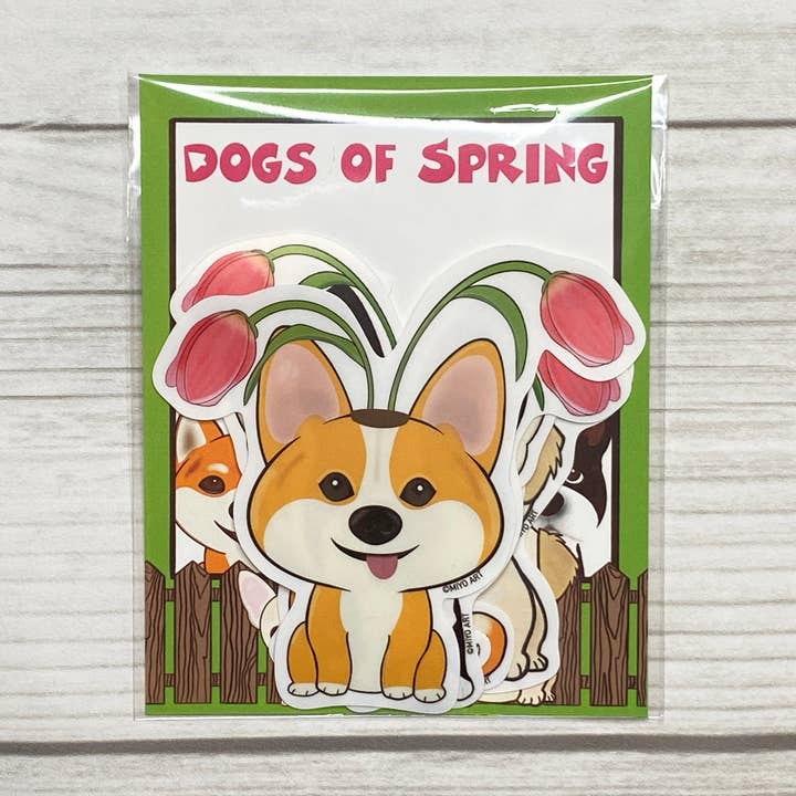 Dogs of Spring Vinyl Sticker Set of 5 for wholesale by Miyo Art Design