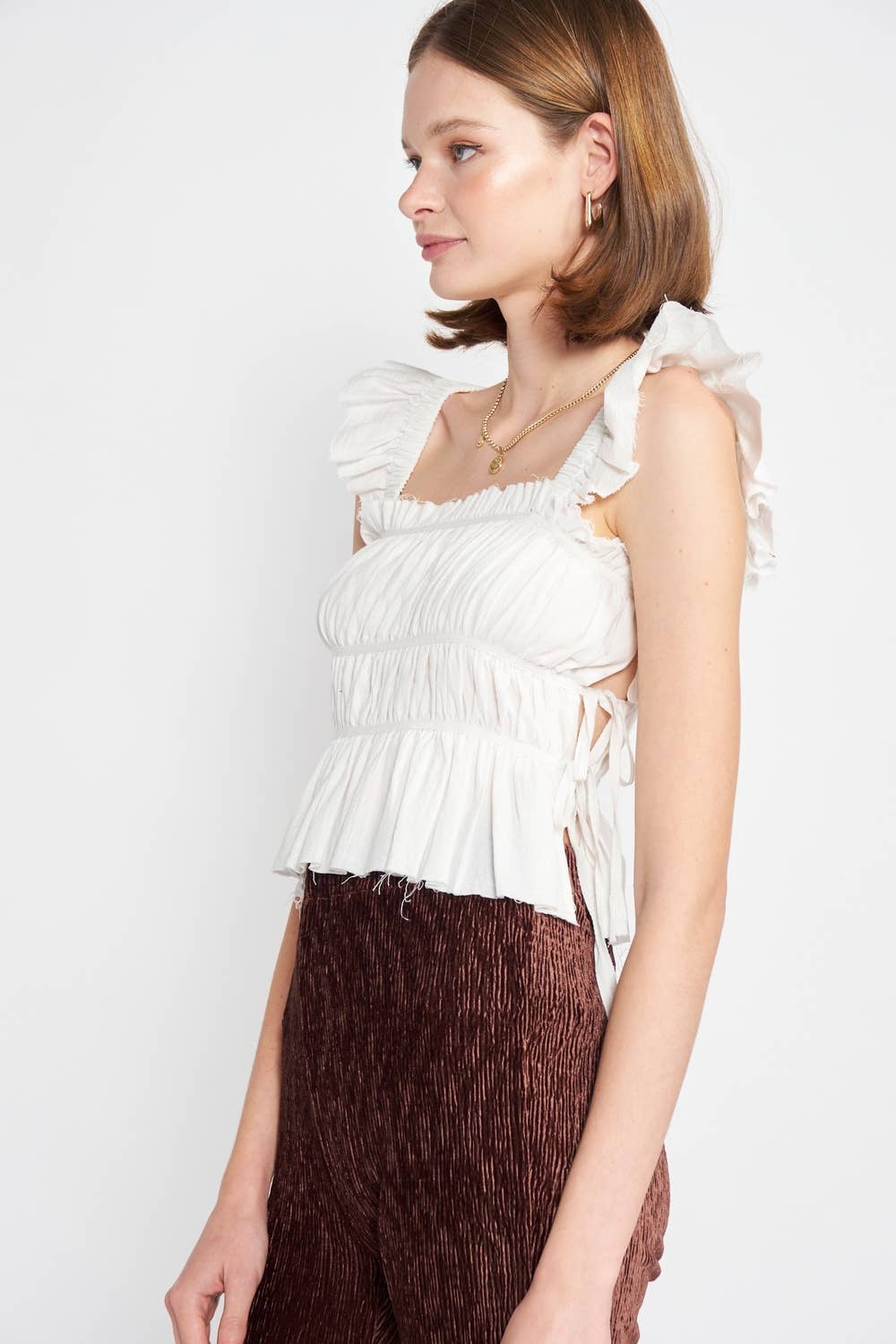 OFF WHITE SQUARE NECK GATHERED TOP WITH RUFFLE DETAIL for wholesale on Faire2