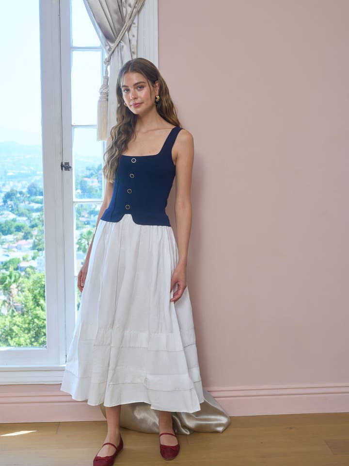 VESTIDO MIDI DE MEZCLA DE MEDIOS CON BOTONES Y ESCOTE CUADRADO para venta al por mayor de Moon River