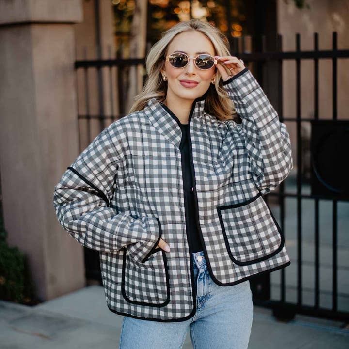 Black & White Checkered Quilted Jacket for Women for wholesale by Katydid