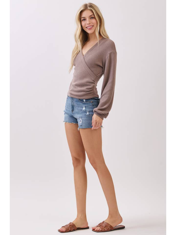 Final Touch – Engroshandel Strikket top - Dame – Børstet Ribbet Surplice Langærmet Top - NT315414