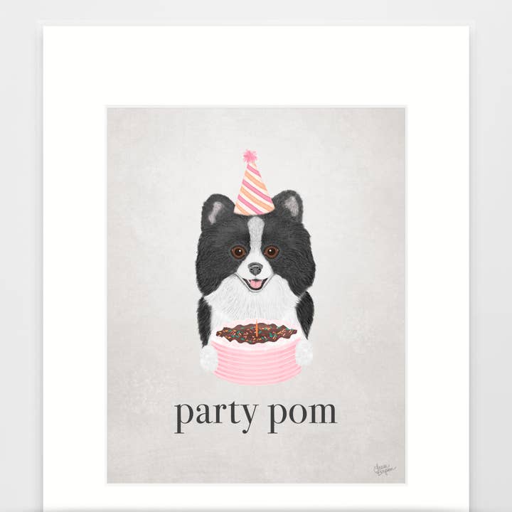 Pomeranian Dog Art Print, Party Pom, Grå Udgave for engroshandel hos Laura Bergsma Studio