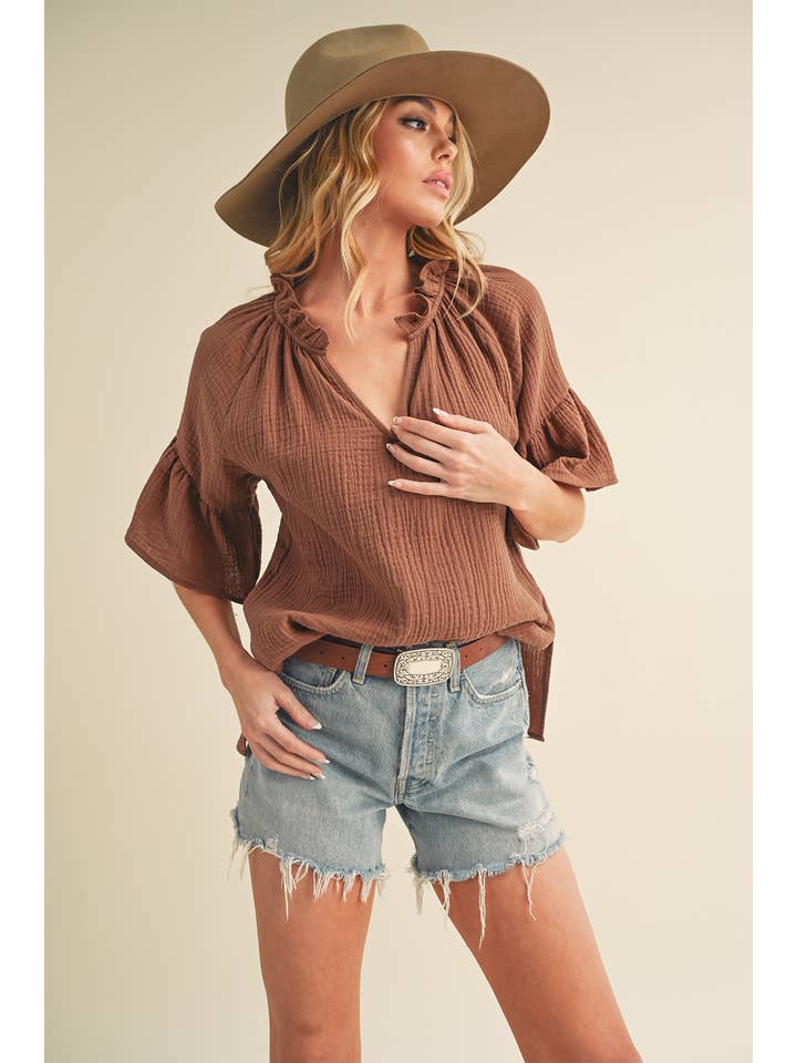 AEMI + CO - Wholesale Blouse - Women's - 8258DK Tes 3/4 Sleeve Ruffle Top 67