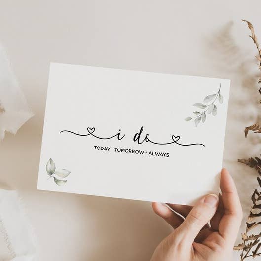 Biglietto «I do, Today Tomorrow Always», formato A6, motivo eucalipto per la vendita all'ingrosso da parte di Once Upon a Print UK