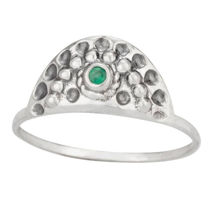 Crescent Shield Sterling Silver and Emerald Ring for wholesale by Tiger Mountain Jewelry