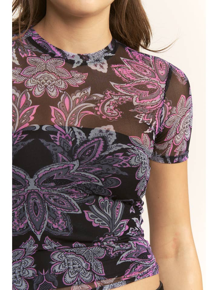 YNEZ - Wholesale Blouse - Women's - Boho Paisley Crew Neck Mesh Dressy Cocktail Top Tee7