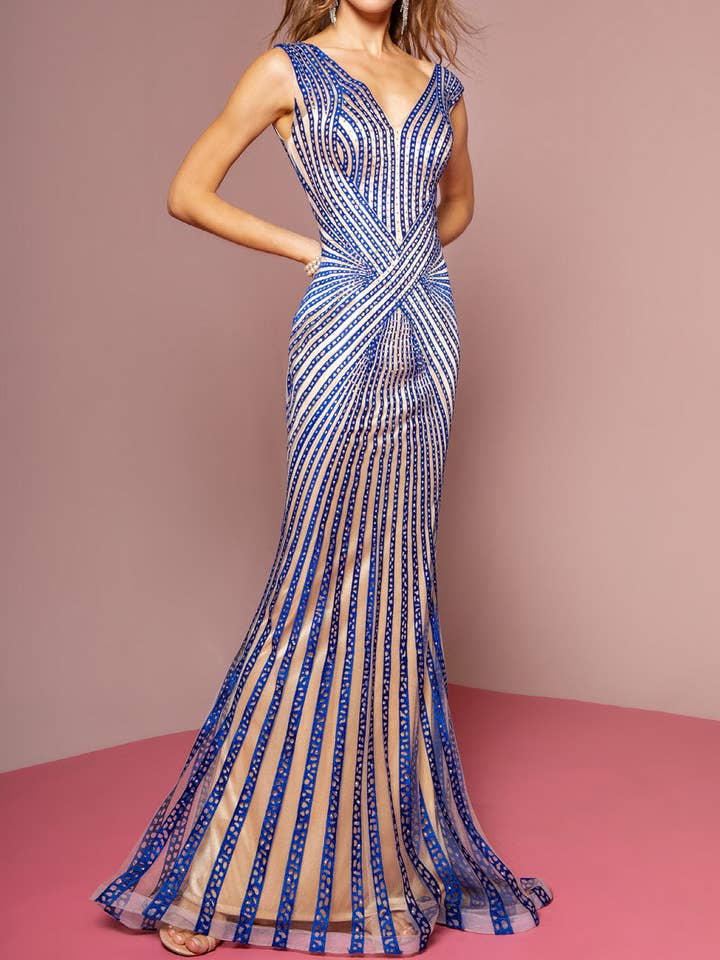 Robe longue à encolure en V avec strass à rayures pour la vente par Tux-USA®