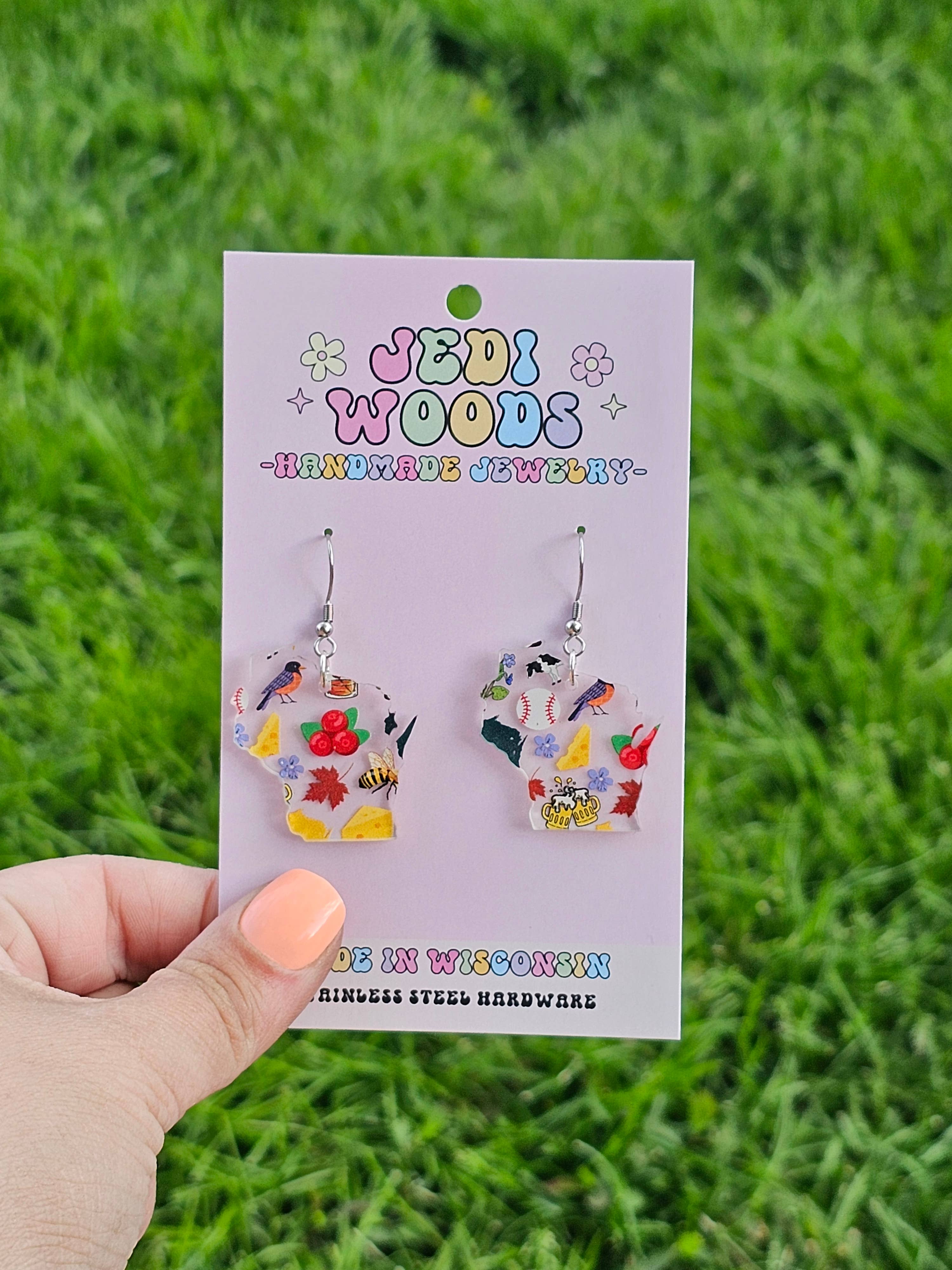Jedi Woods LLC - Wholesale Dangle Earrings - Wisconsin Shaped Themed Icon Earrings1