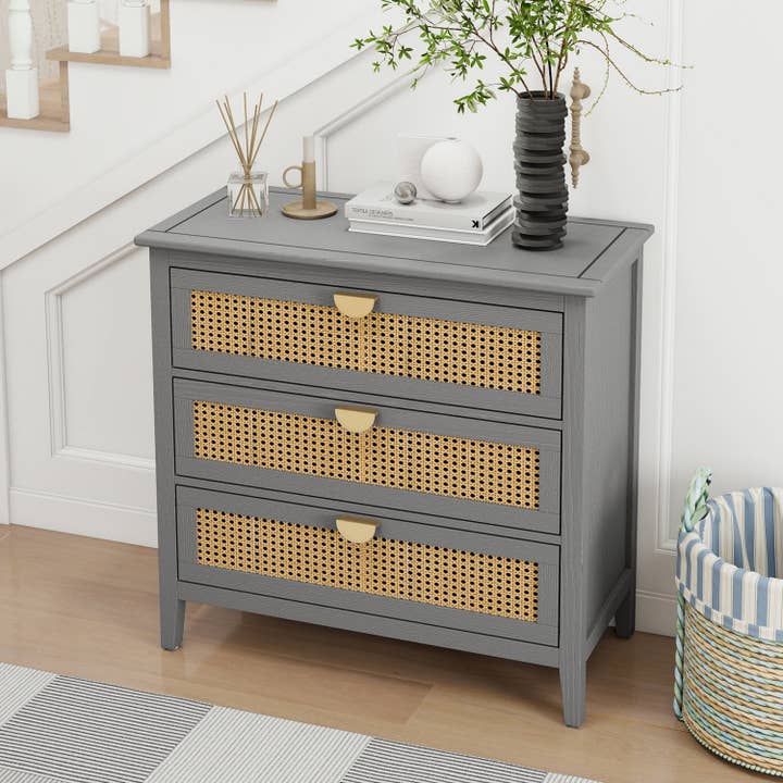 39F Inc. - Wholesale Cabinet - Gray 3-Drawer Cabinet with Natural Rattan Fronts4