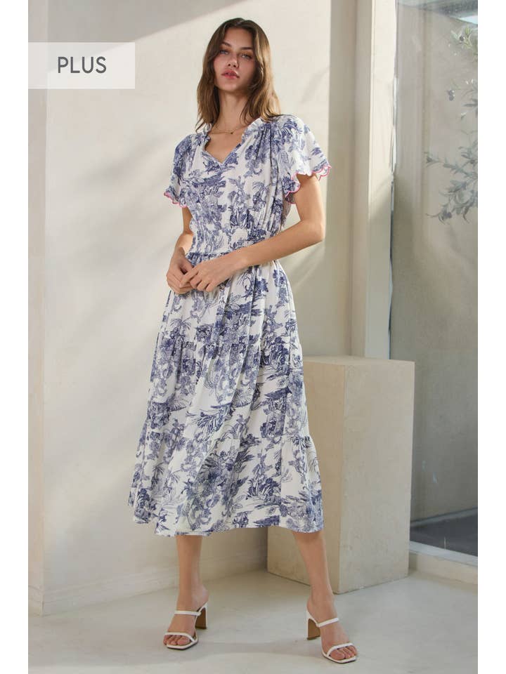 Blue Multi Plus Toi De Paris Printed Tired Midi Dress for wholesale on Faire