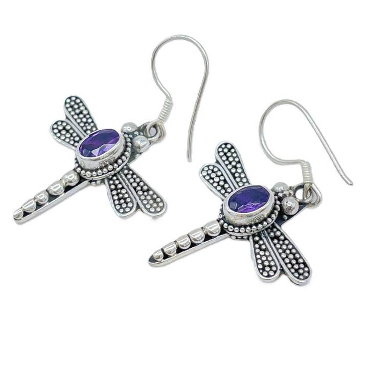 DRAGONFLY HOOK EARRINGS, Amethyst Dragonfly Earrings, Dragonfly Dangle Earrings for wholesale by baligood