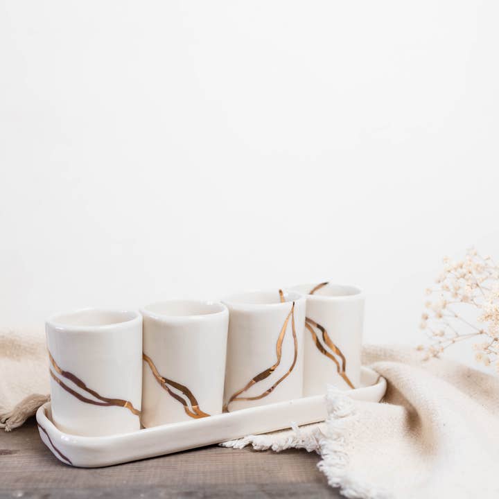 Niik Creative Co. - Wholesale Coffee/Tea Cup - Gold River Whiskey/Espresso Set Handcrafted Porcelain