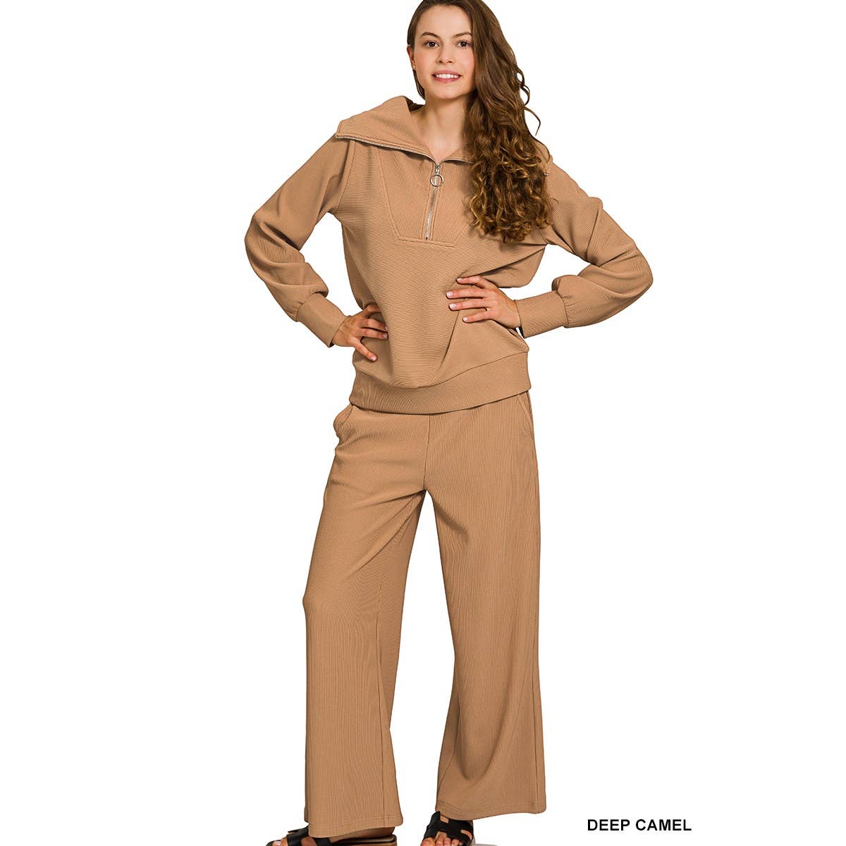 HiteJeans - Wholesale Lounge Set - Women's - Ribbed high neck half zip pullover pants set12