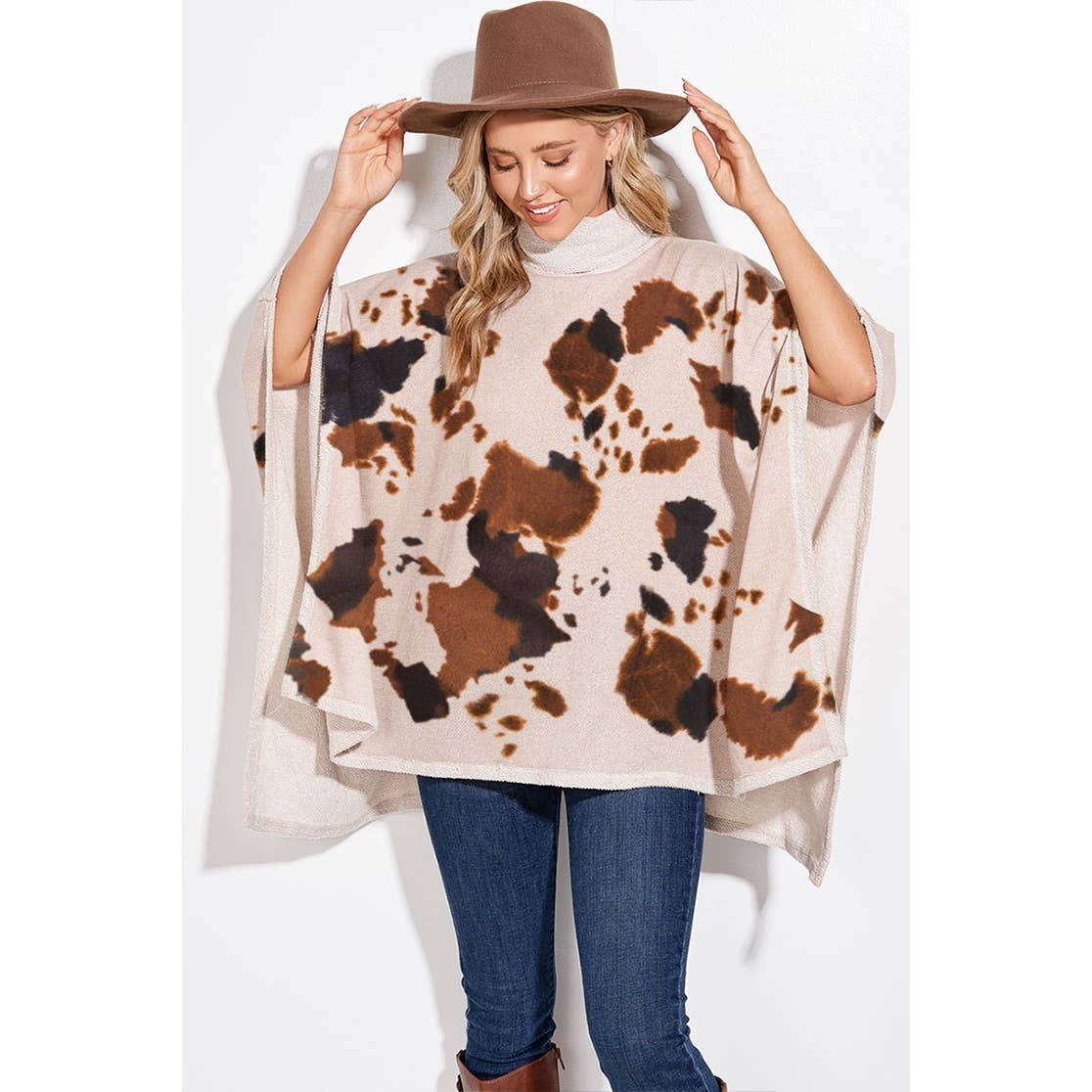 Phil Love - Venta al por mayor Poncho - Mujer - Poncho cuello tortuga con estampado de vaca5