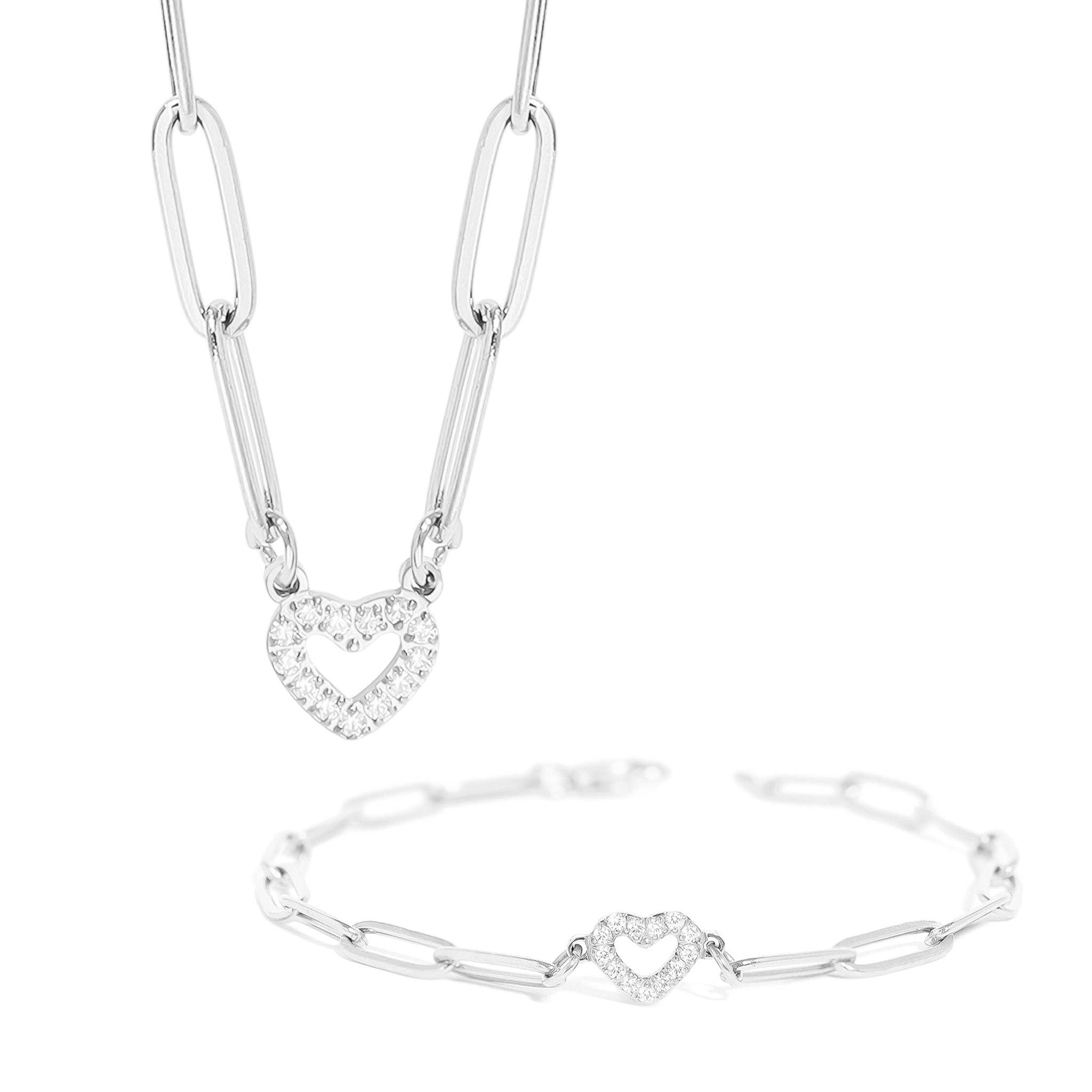 WJW - Wholesale Jewelry Set - 18K Gold PVD Stainless Steel Stone Heart Paperclip Chain Set1
