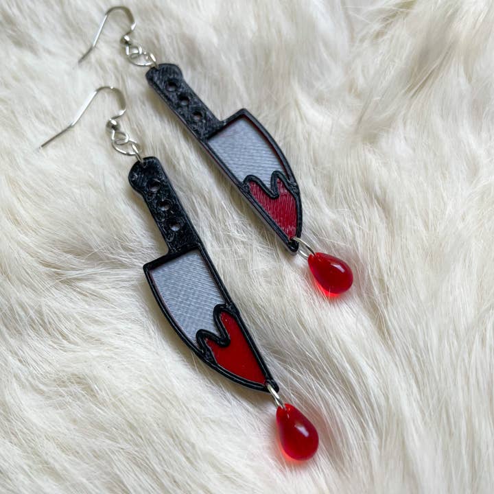 Dripping Bloody Knife dangle earrings | October, spooky, scary, occult, goth, Horror, Halloween for wholesale by Dot's Cuties