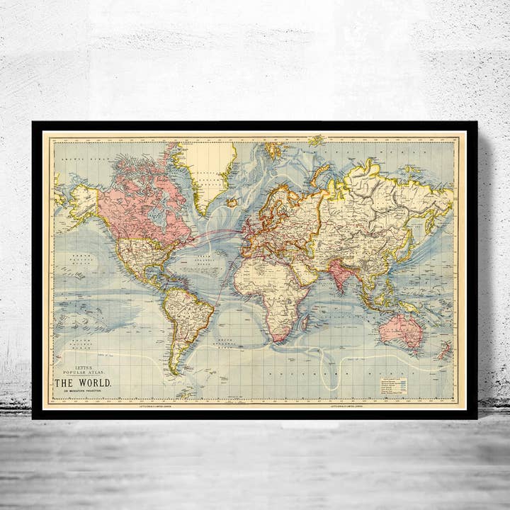 Carte du monde vintage 1883 projection Mercator Carte vintage | Cadeau carte du monde Impression carte du monde | Carte du monde vintage | Art mural carte du monde pour la vente par OldCityPrints - Old Maps and Posters