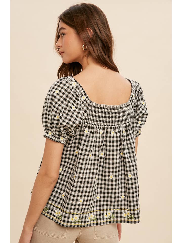 In Loom - Wholesale Blouse - Women's - FLORAL EMBROIDERY GINGHAM SMOCK BLOUSE6