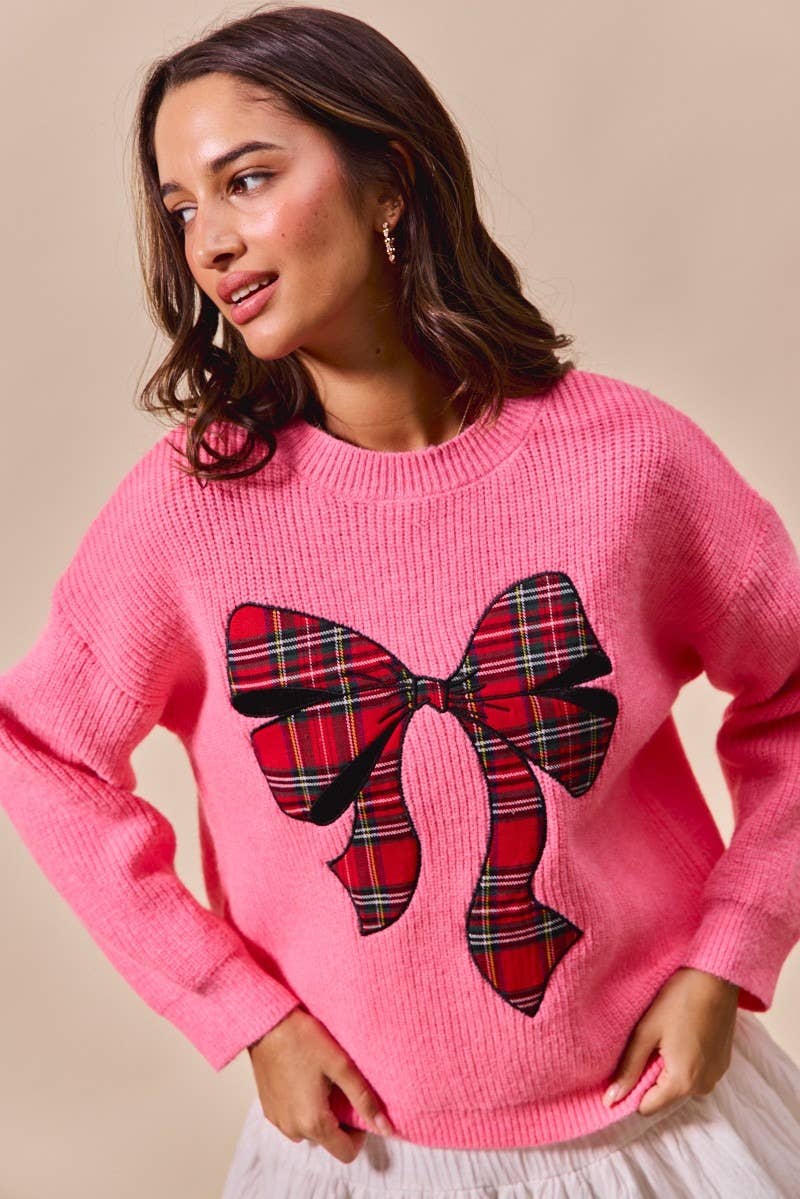 IVE - Wholesale Knit Sweater - Women's - Checker Plaid Ribbon Christmas Holiday Sweater Top6