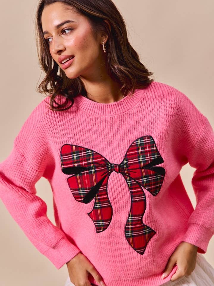 IVE - Wholesale Knit Sweater - Women's - Checker Plaid Ribbon Christmas Holiday Sweater Top6