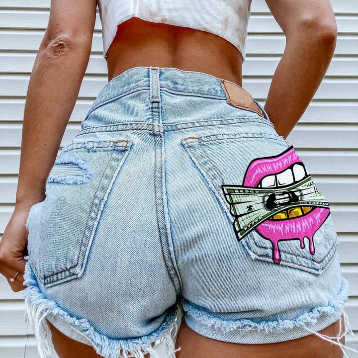 Tourtiwi - Wholesale Shorts - Women's - Cash in the Mouth Print Ripped Denim Shorts1