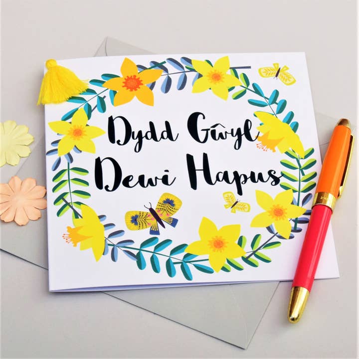 Claire Giles Ltd - Vendita all'ingrosso Biglietti per San Patrizio - Biglietto per il giorno di San Davide in gallese, tinto in gyyl dewi hapus, narciso, nappa impreziosito2