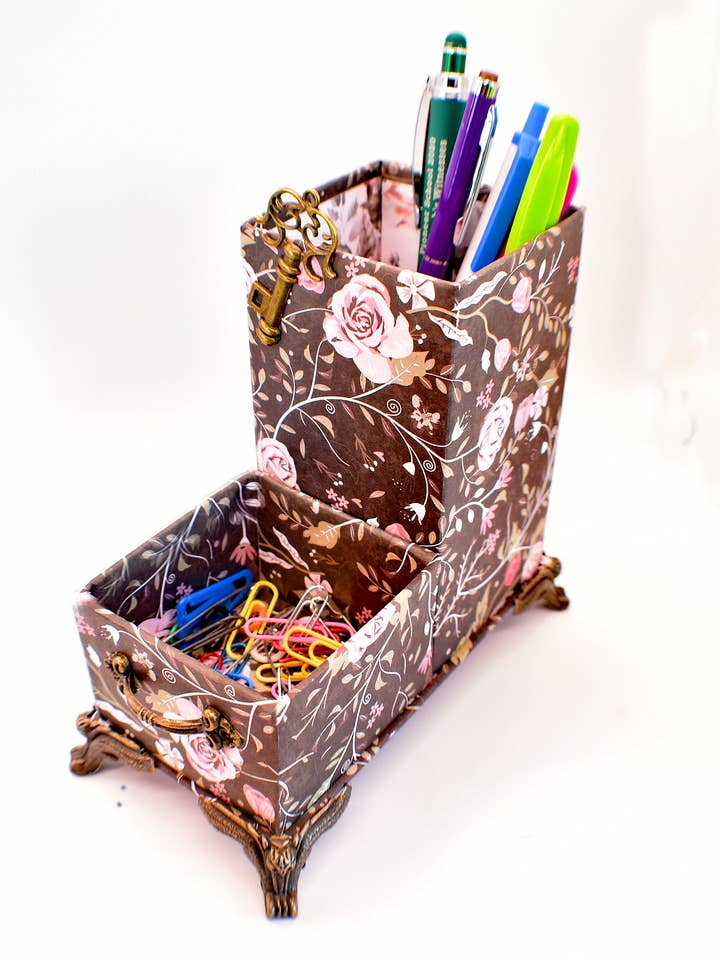 Pink Roses & Stems Big Flowers Desktop Organizer for Pens and Clips w/Antique Key Accent for wholesale by Chic Brico